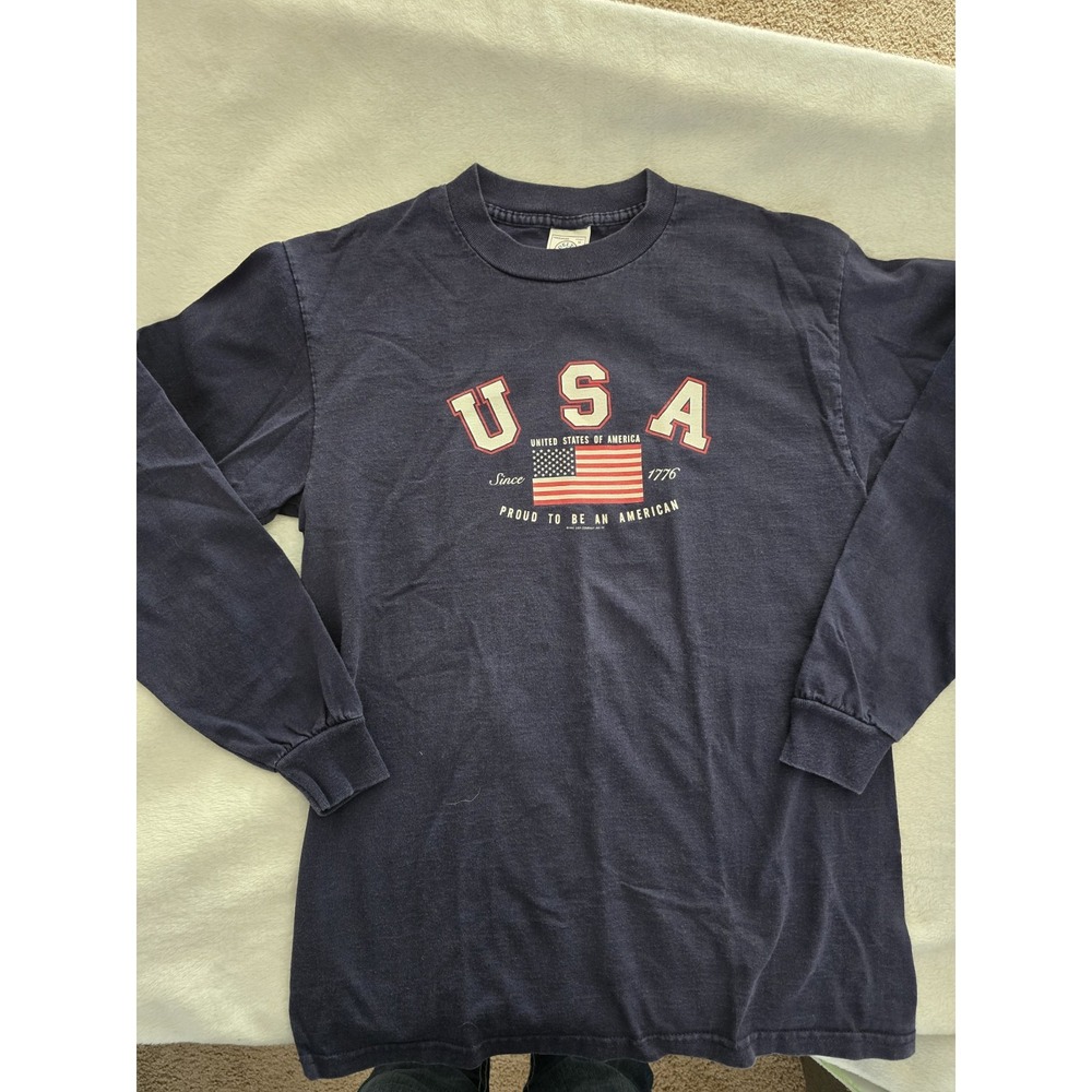 Delta Pro Weight Blue Long Sleeve U.S.A with American Flag Size M Vintage 90s